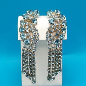 Vintage Blue Rhinestone Fringe Clip Earrings 3.25” Dangle 1960s